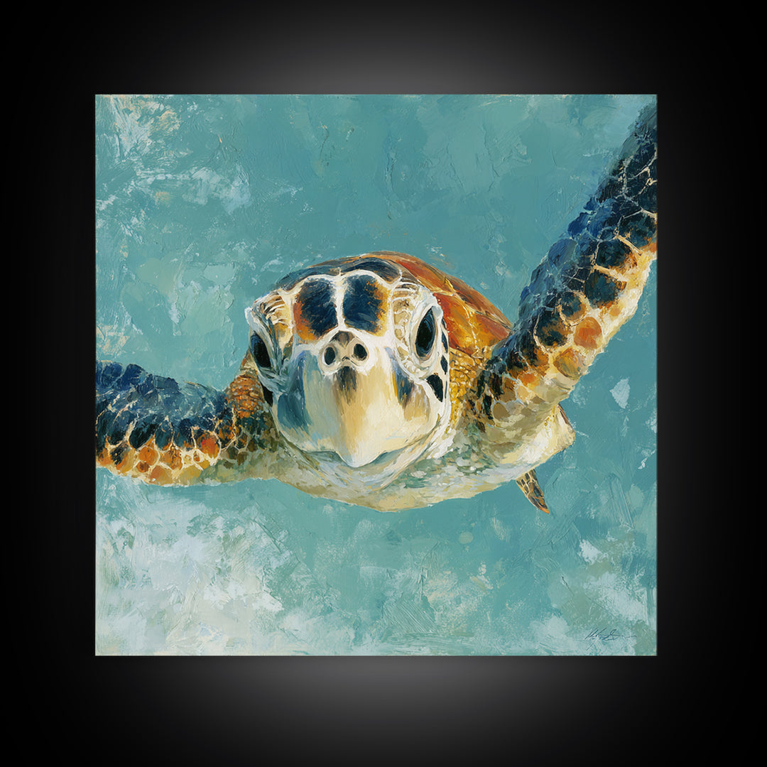 Sea Turtle Drifting Through Luminous Blue Water Canvas Print, Animal Art, Trendy Wall Art, Living Room Decor, Creature, ANI-1x1-90