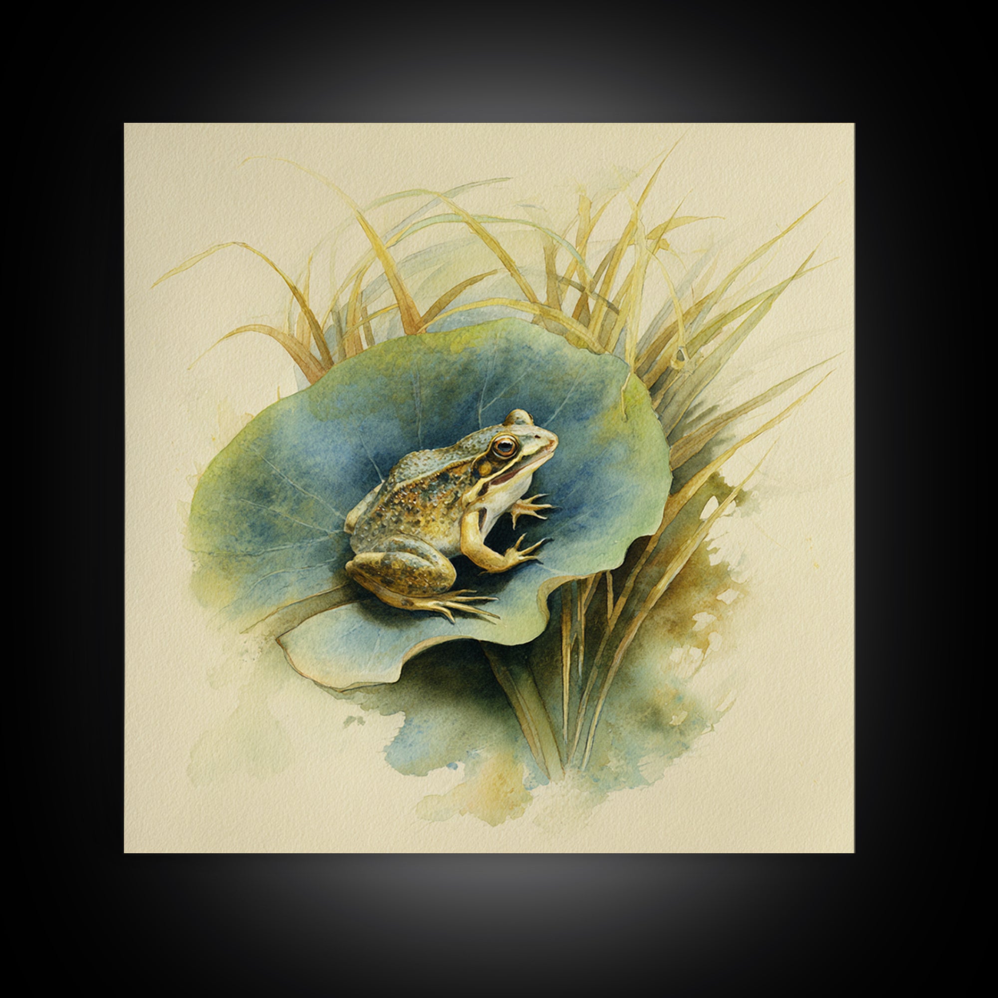 Frog on a Lotus Leaf Canvas Print, Animal Art, Trendy Wall Art, Living Room Decor, Watercolor Art, Creature, Textured Painting, ANI-1x1-92