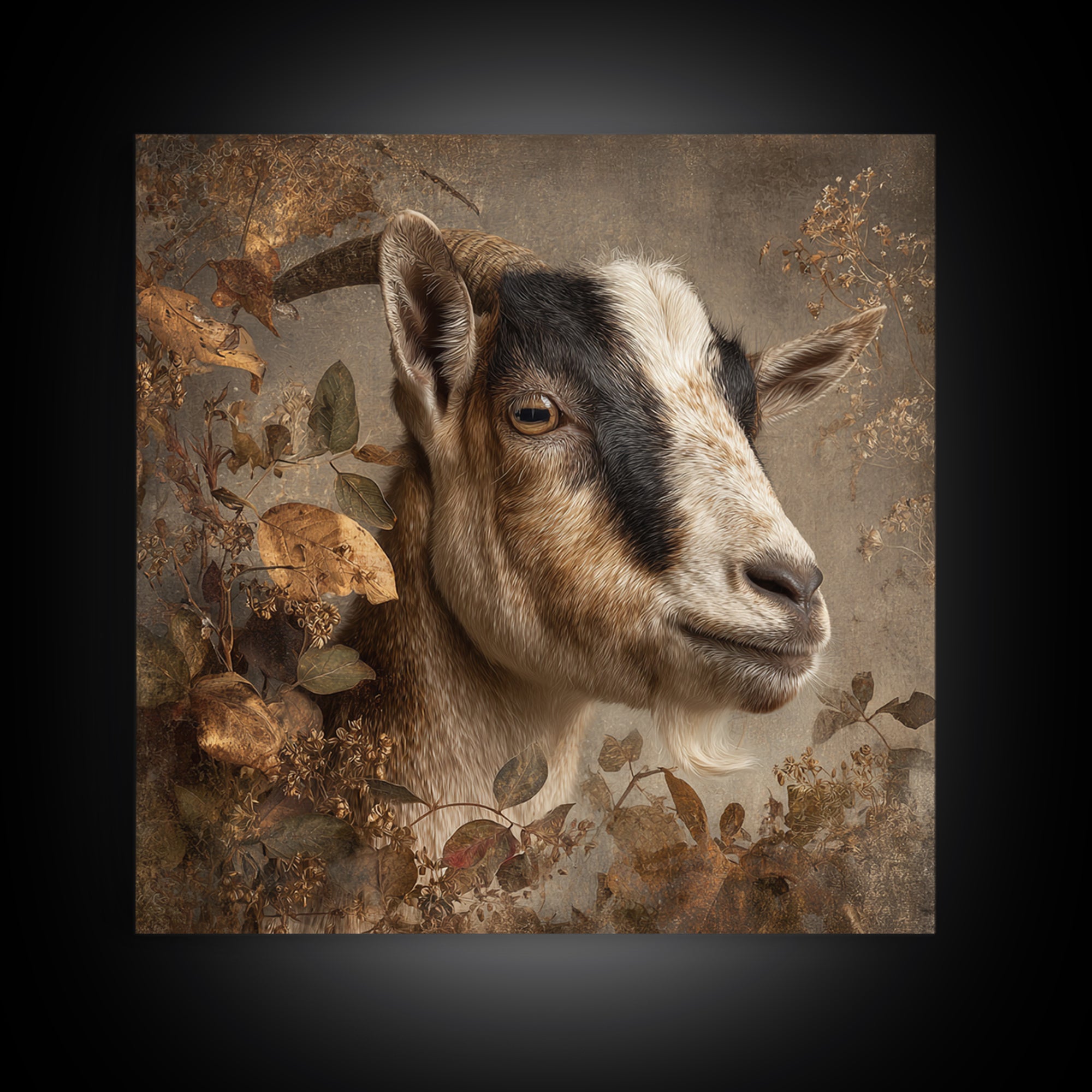 Goat Portrait with Rustic Folk Art Personality Framed Canvas Print, Animal Art, Luxury Decor, Living Room Decor, Oil Painting, ANI-1x1-93