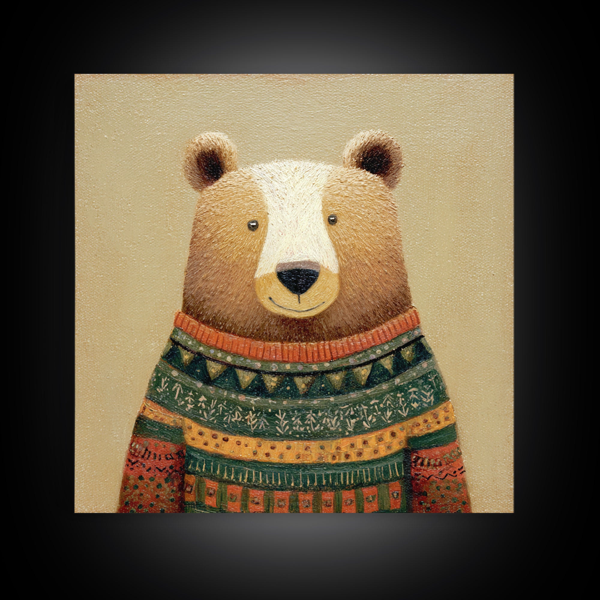 Whimsical Bear in a Patterned Sweater with Canvas Print, Animal Art, Boho Decor, Living Room Decor, Fine Art, Creature, ANI-1x1-98