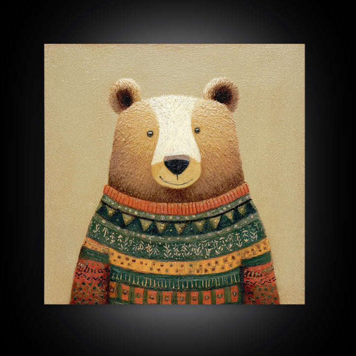 Whimsical Bear in a Patterned Sweater with Canvas Print, Animal Art, Boho Decor, Living Room Decor, Fine Art, Creature, ANI-1x1-98