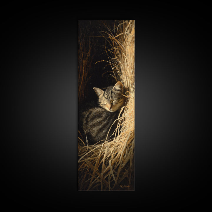 Sleeping Cat Curled Framed Canvas Print, Animal Art, Art Print, Living Room Decor, Fine Art, Creature, Digital Art, Printable, ANI-1x3-24