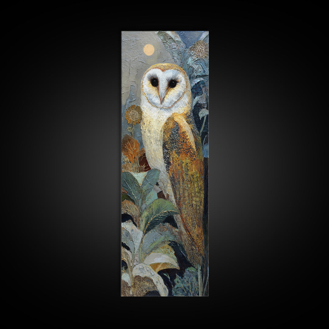Owl with Moonlit Feathers and Celestial Accents Canvas Print, Animal Art, Minimalist Decor, Living Room Decor, Creature, ANI-1x3-3