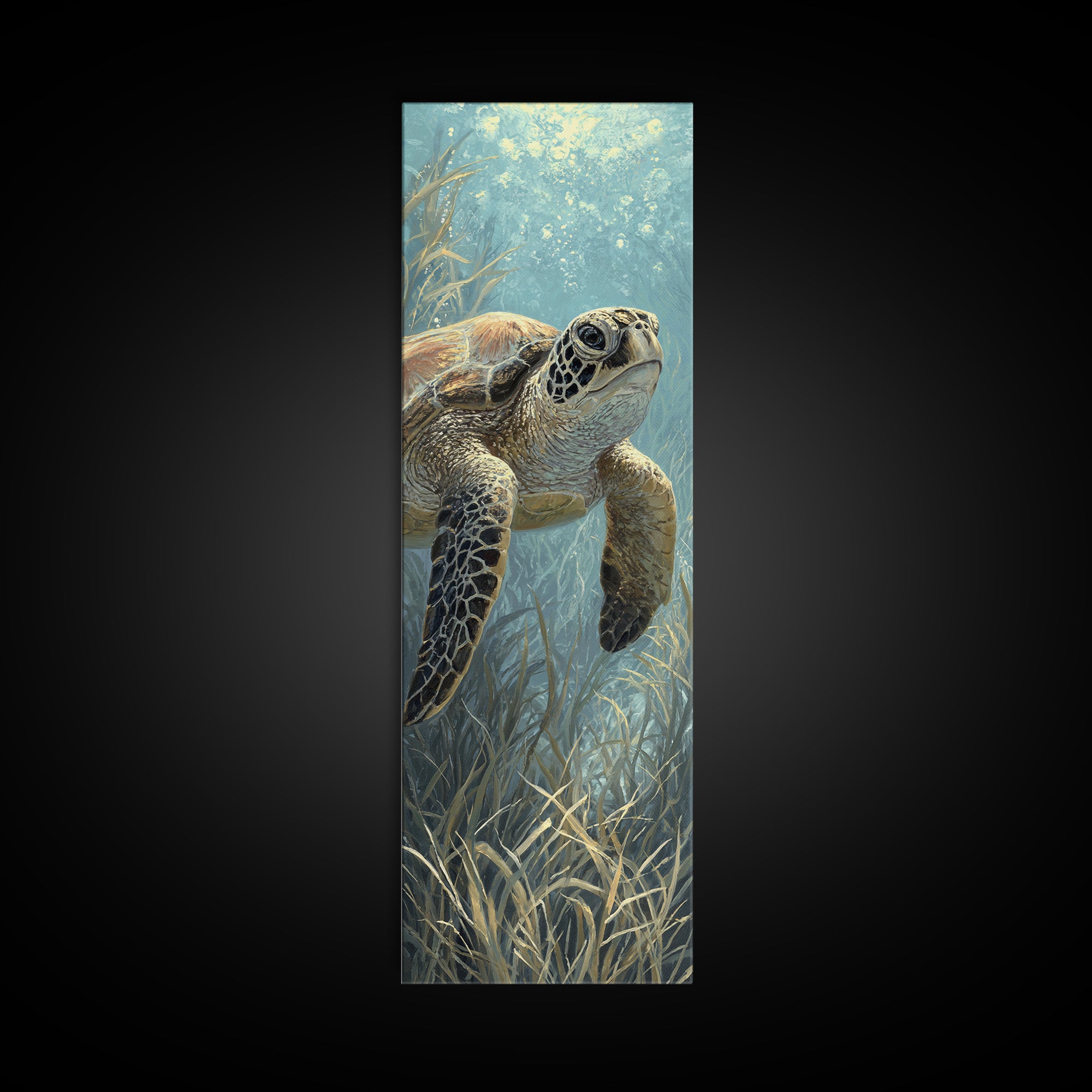 Sea Turtle Drifting Through Luminous Blue Water Canvas Print, Animal Art, Modern Wall Art, Living Room Decor, Creature, ANI-1x3-30