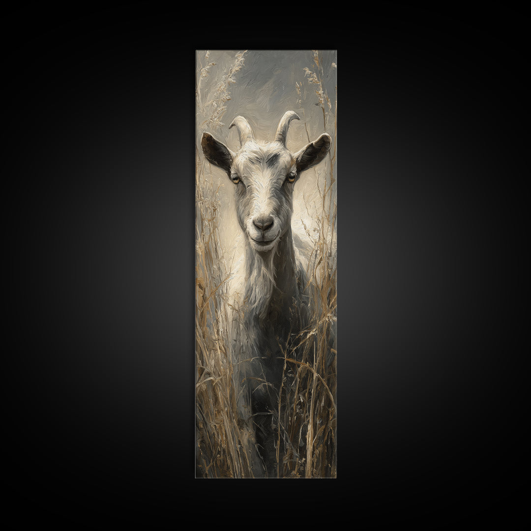 Goat Portrait with Rustic Folk Art Personality Canvas Print, Animal Art, Oil Painting, Living Room Decor, Fine Art, Creature, ANI-1x3-33