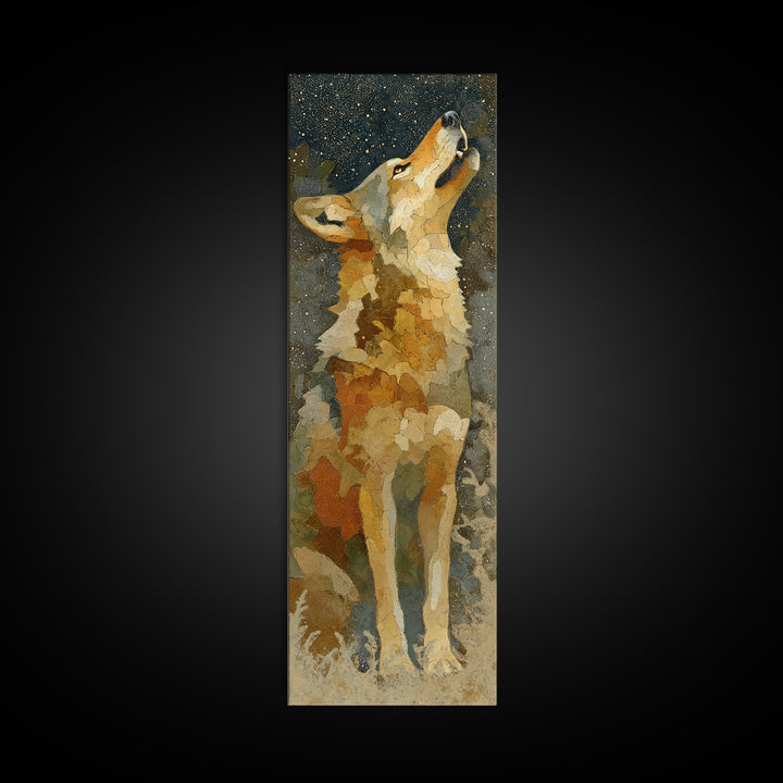Wolf Silhouette Beneath a Star Filled Sky Framed Canvas Print, Animal Art, Nursery Art, Living Room Decor, Watercolor Art, ANI-1x3-34