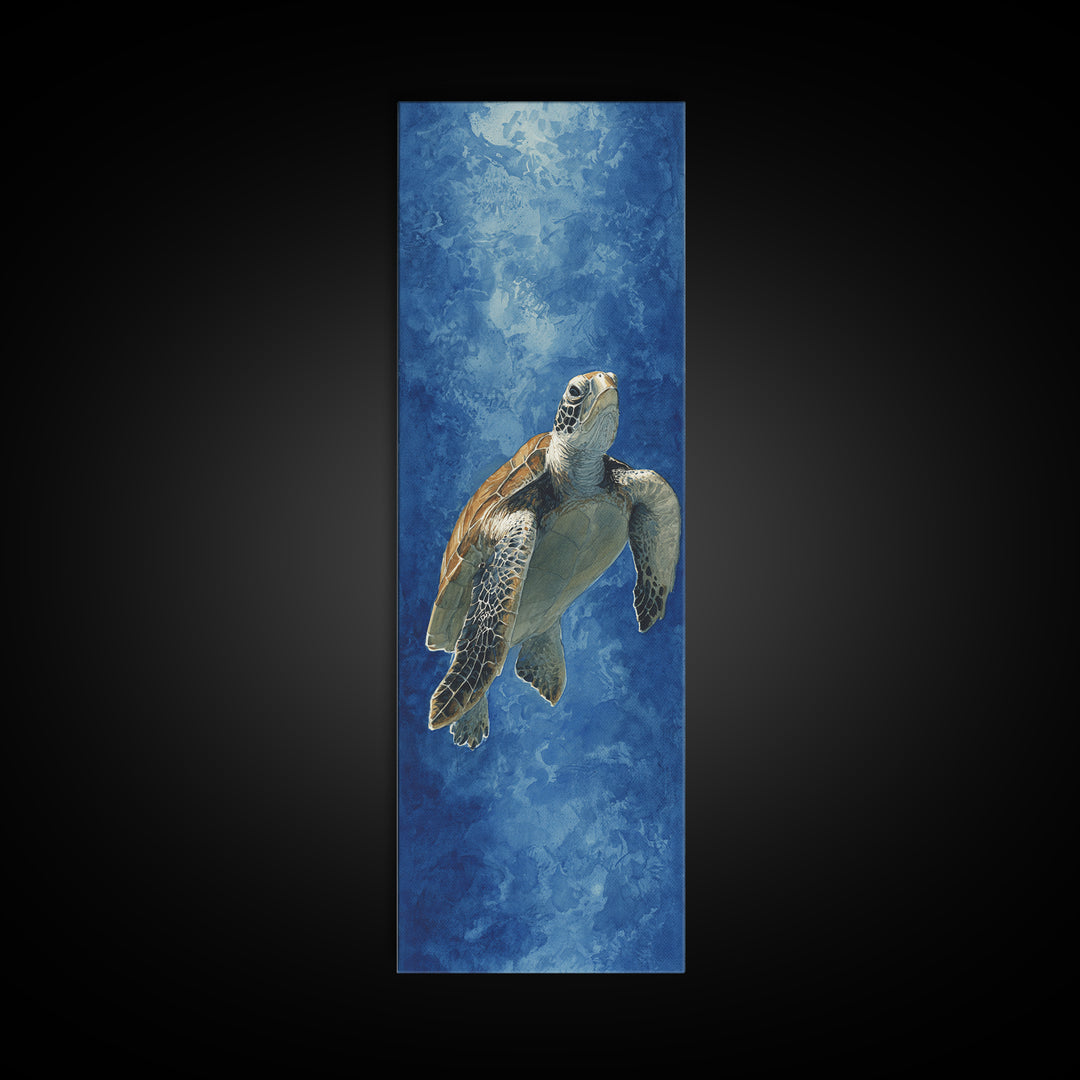 Sea Turtle Drifting Through Luminous Blue Water Canvas Print, Animal Art, Modern Wall Art, Living Room Decor, Creature, ANI-1x3-54