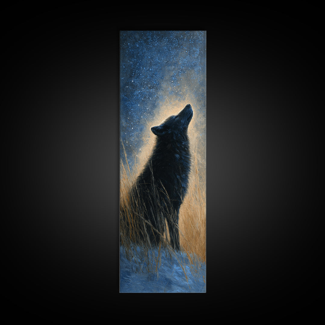 Wolf Silhouette Beneath a Star Filled Sky Framed Canvas Print, Animal Art, Nursery Art, Living Room Decor, Watercolor Art, ANI-1x3-58