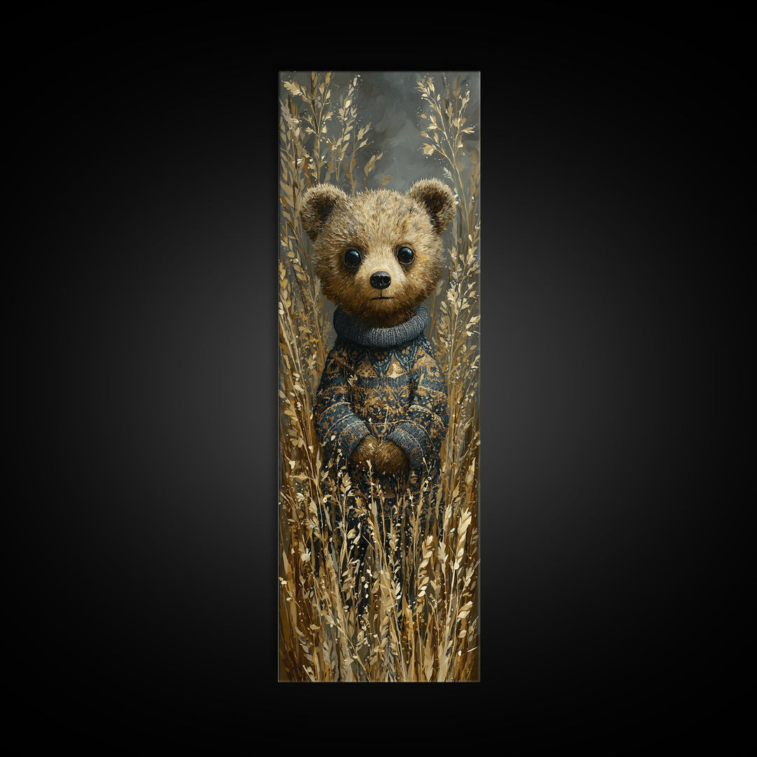 Whimsical Bear in a Patterned Sweater with Framed Canvas Print, Animal Art, Neutral Decor, Living Room Decor, Creature, ANI-1x3-62