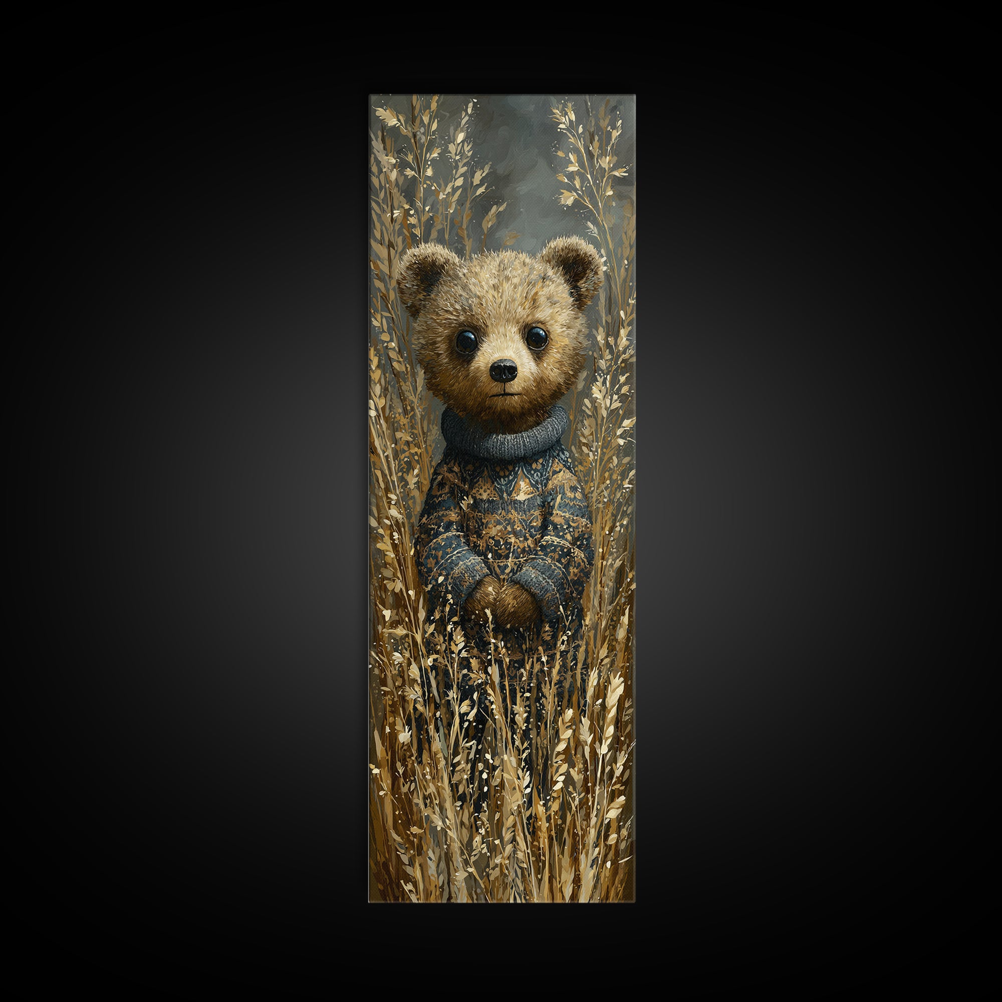 Whimsical Bear in a Patterned Sweater with Framed Canvas Print, Animal Art, Neutral Decor, Living Room Decor, Creature, ANI-1x3-62