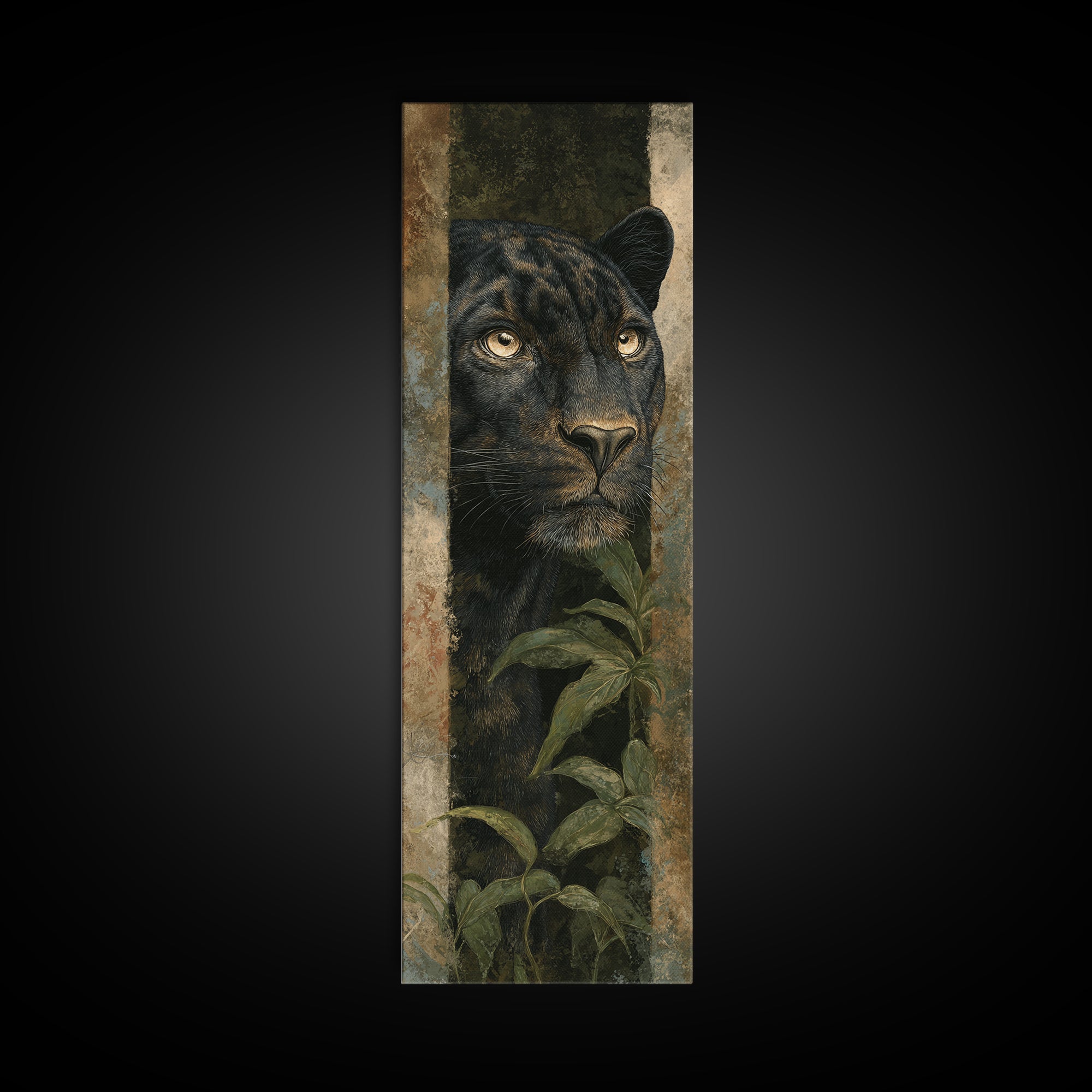 Dramatic Black Panther Emerging from Deep Jungle Canvas Print, Animal Art, Modern Decor, Living Room Decor, Creature, ANI-1x3-66