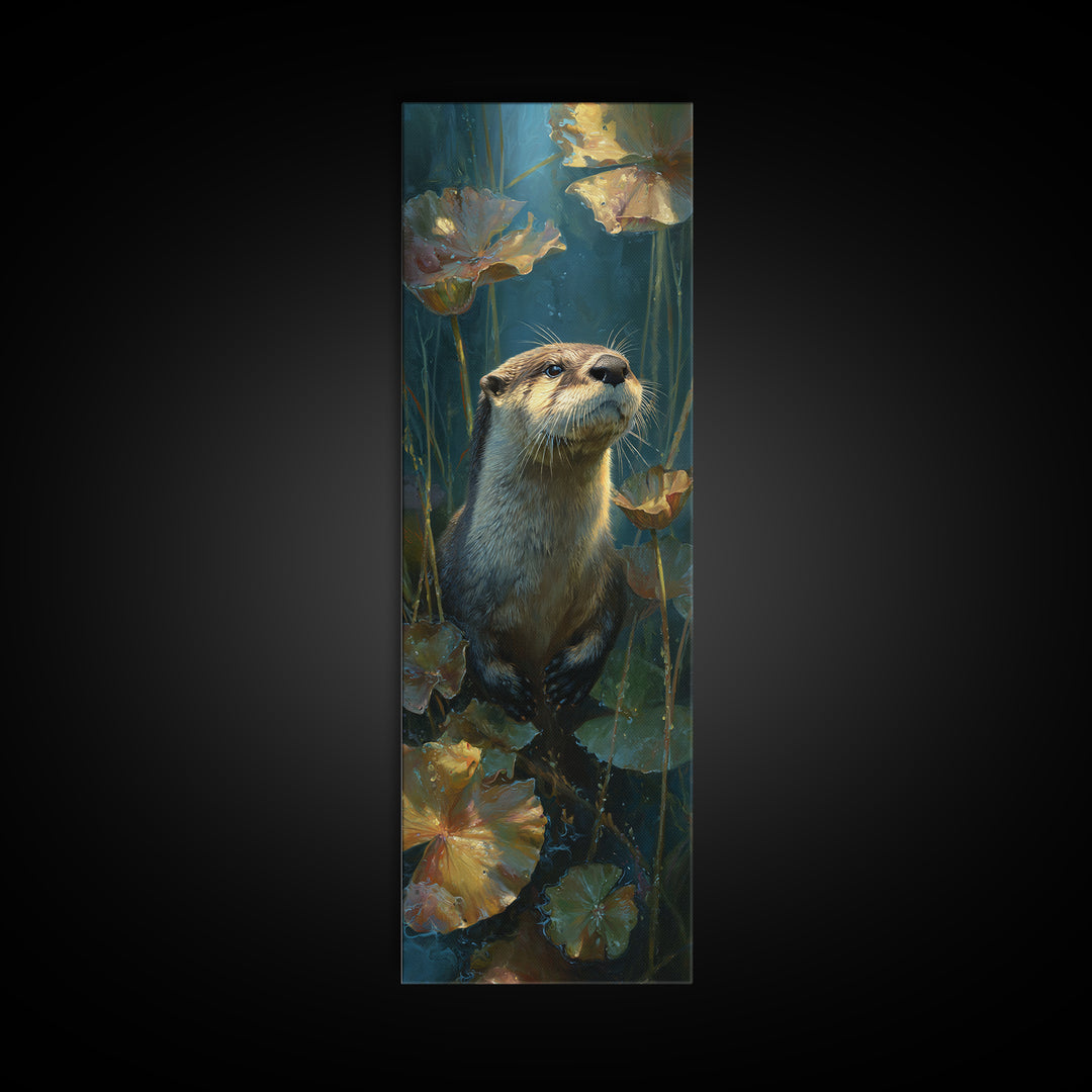 Playful Otter Floating Among Lily Pads Canvas Print, Animal Art, Oil Painting, Living Room Decor, Fine Art, Creature, ANI-1x3-68