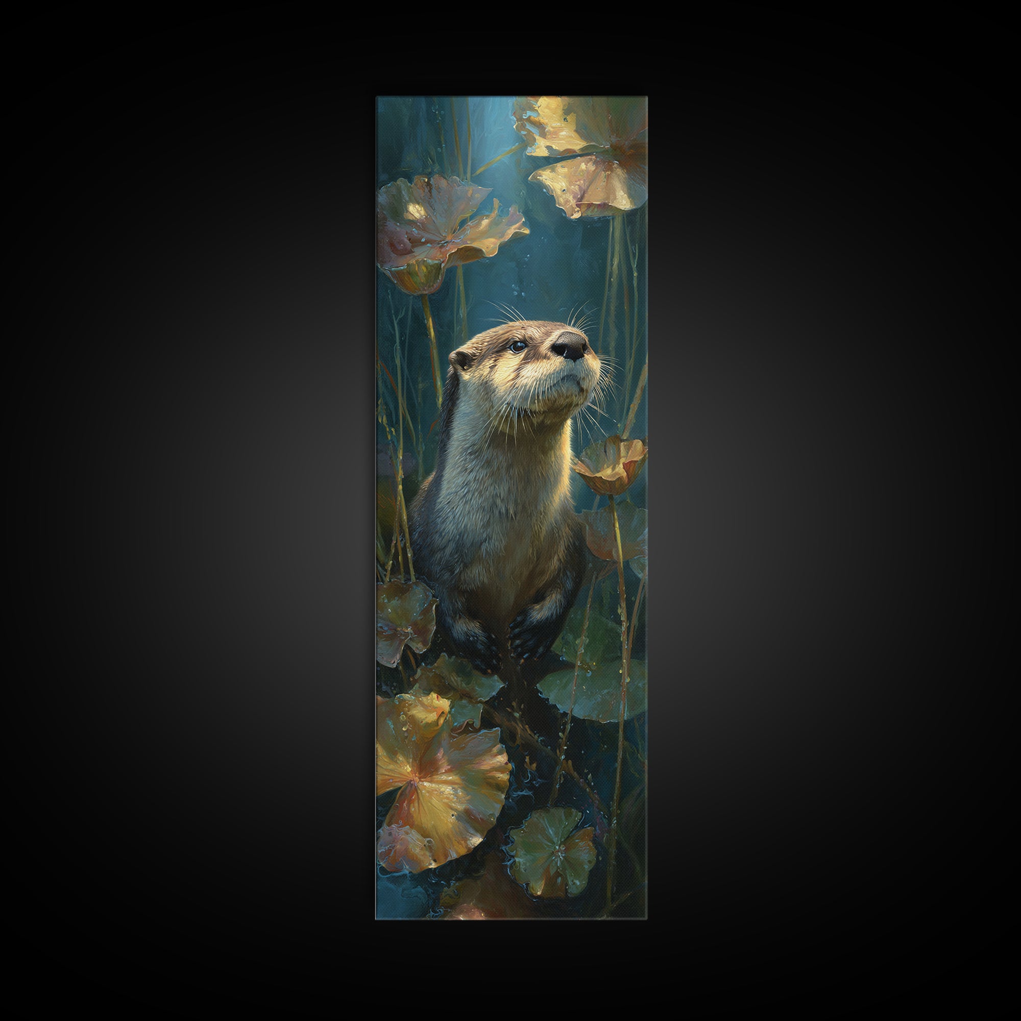Playful Otter Floating Among Lily Pads Canvas Print, Animal Art, Oil Painting, Living Room Decor, Fine Art, Creature, ANI-1x3-68