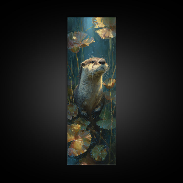 Playful Otter Floating Among Lily Pads Canvas Print, Animal Art, Oil Painting, Living Room Decor, Fine Art, Creature, ANI-1x3-68