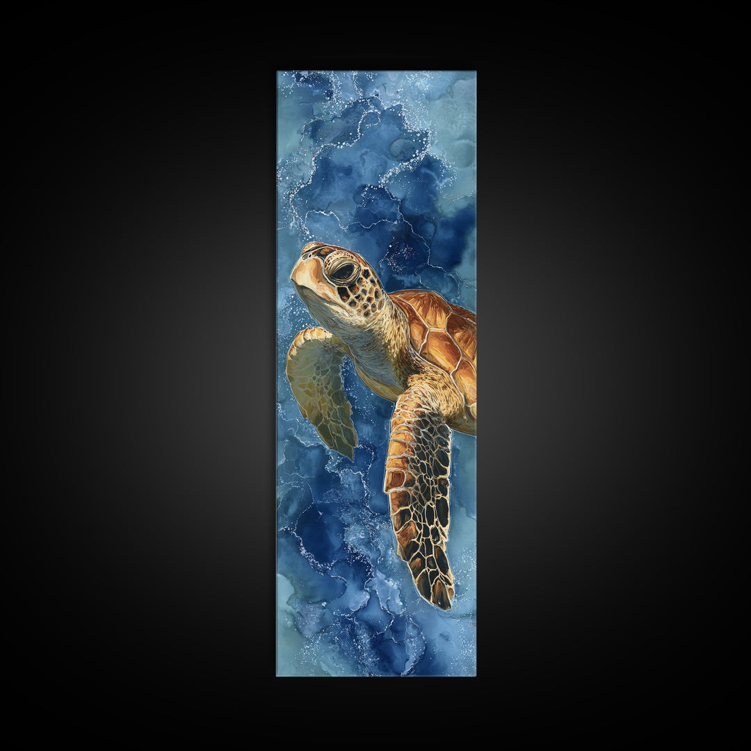 Sea Turtle Drifting Through Luminous Blue Water Canvas Print, Animal Art, Downloadable Art, Living Room Decor, Creature, ANI-1x3-78