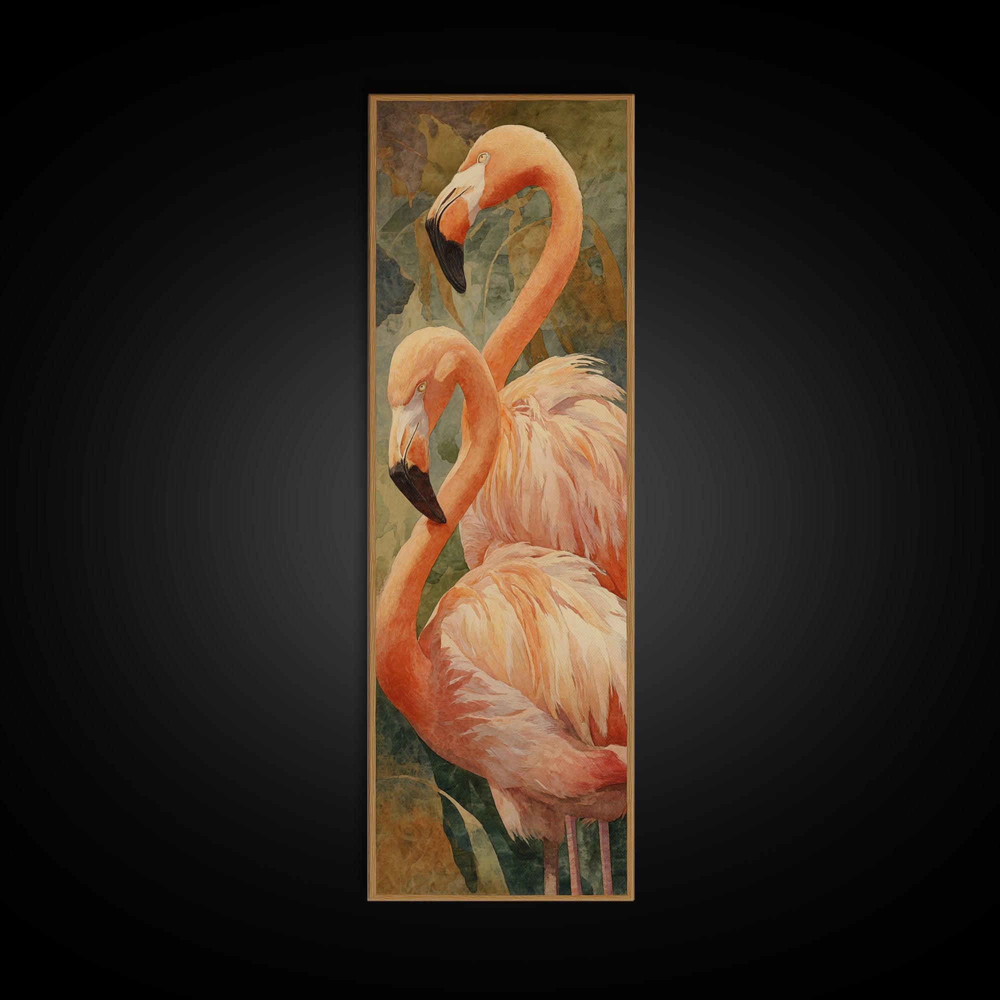 Flamingo Pair in Elegant Coral and Cream Framed Canvas Print, Animal Art, Digital Print, Living Room Decor, Fine Art, Creature, ANI-1x3-79