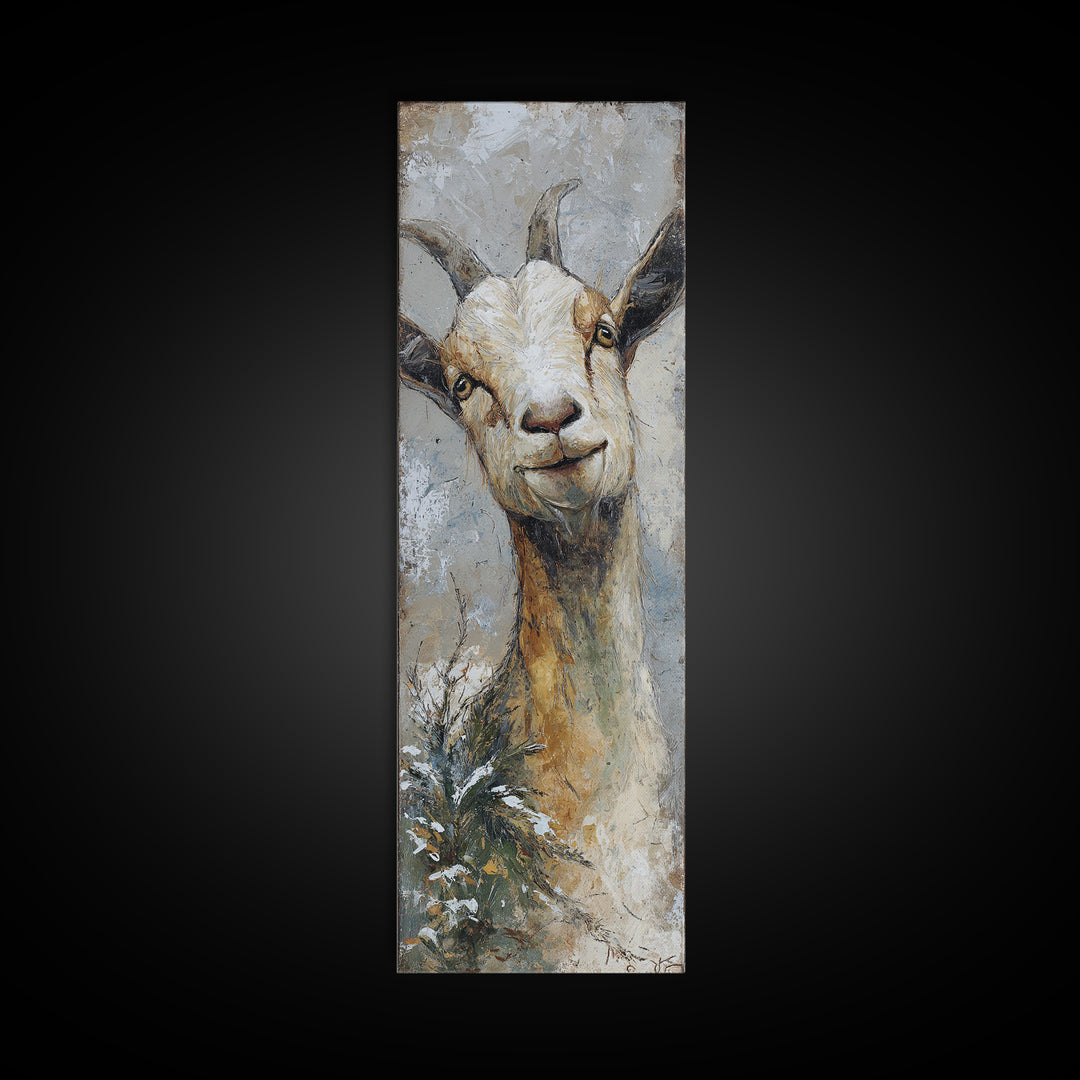 Goat Portrait with Rustic Folk Art Personality Canvas Print, Animal Art, Nursery Decor, Living Room Decor, Fine Art, Creature, ANI-1x3-81