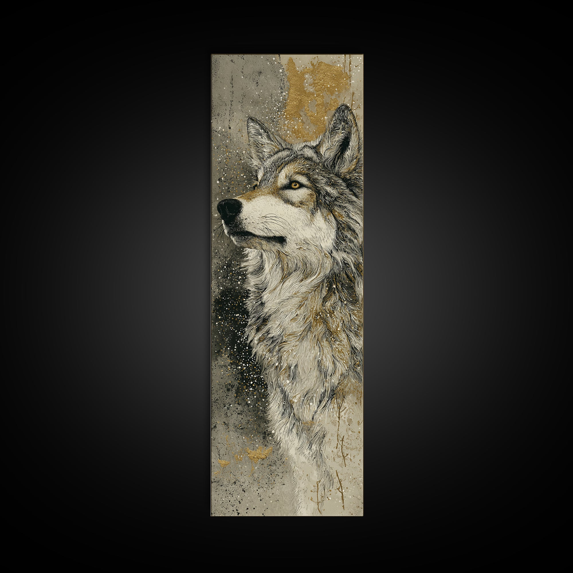 Wolf Silhouette Beneath a Star Filled Sky Canvas Print, Animal Art, Gallery Decor, Living Room Decor, Oil Painting, Creature, ANI-1x3-82