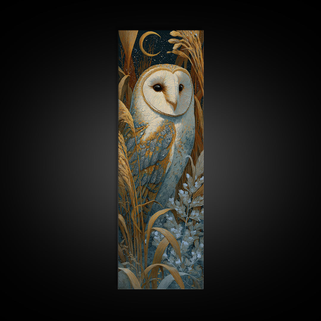 Owl with Moonlit Feathers and Celestial Accents Canvas Print, Animal Art, Safari Nursery Decor, Living Room Decor, Creature, ANI-1x3-99