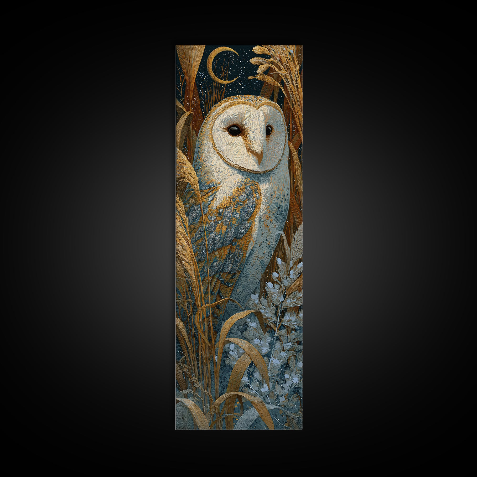 Owl with Moonlit Feathers and Celestial Accents Canvas Print, Animal Art, Safari Nursery Decor, Living Room Decor, Creature, ANI-1x3-99