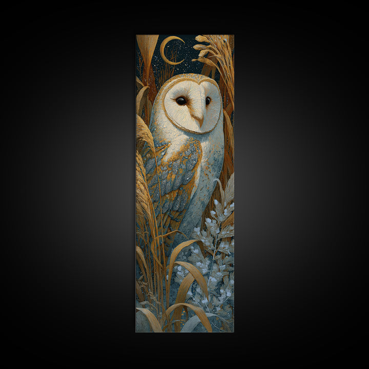 Owl with Moonlit Feathers and Celestial Accents Canvas Print, Animal Art, Safari Nursery Decor, Living Room Decor, Creature, ANI-1x3-99