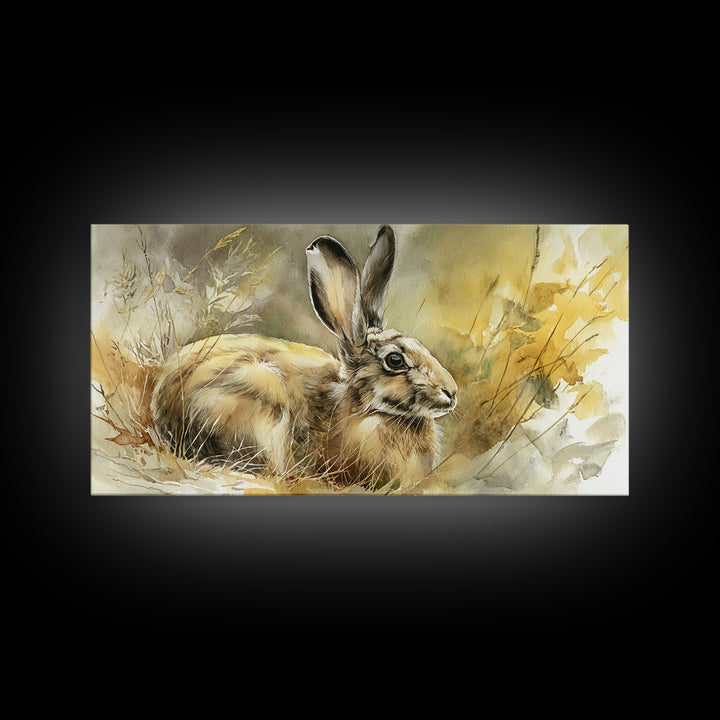 Curious Rabbit in a Soft Watercolor Meadow Framed Canvas Print, Animal Art, Living Room Decor, Oil Painting, Creature, ANI-2x1-1