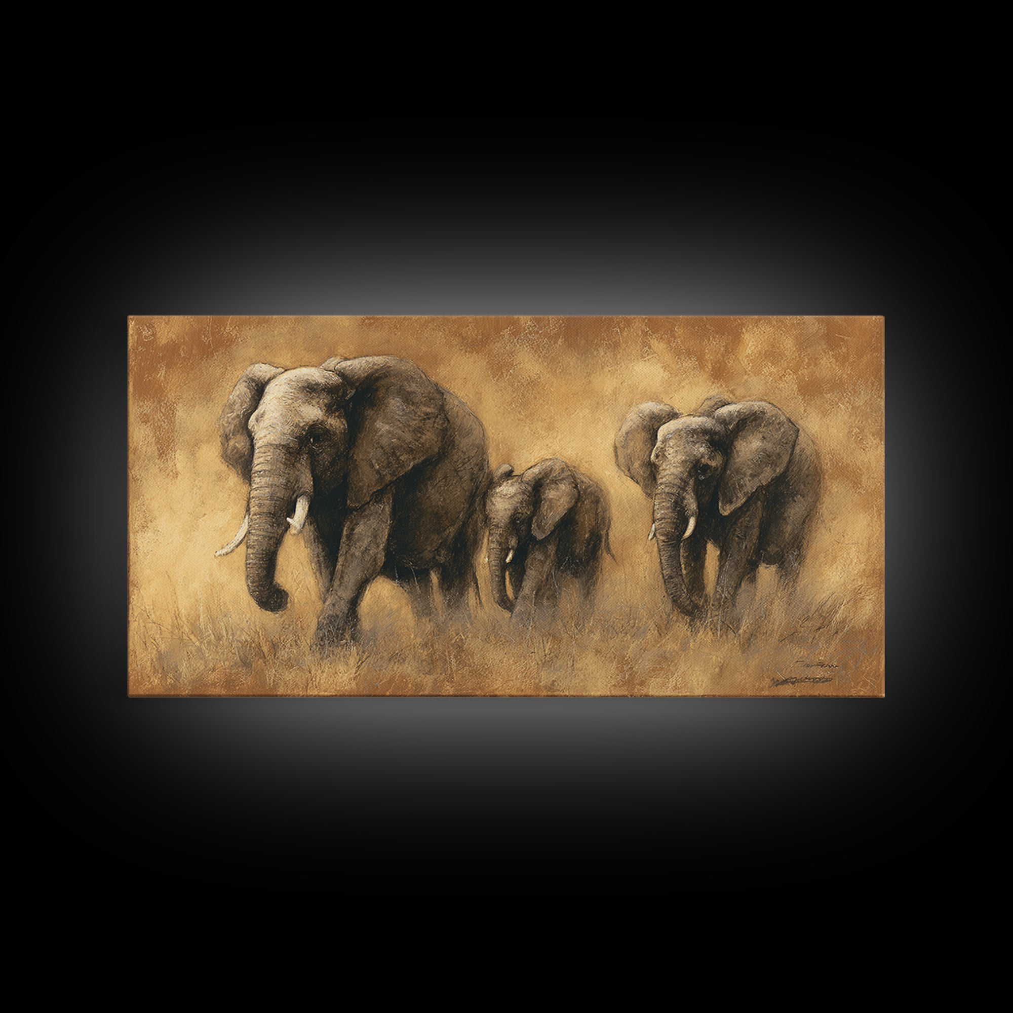 Elephant Family Walking Through Dusty Golden Light Framed Canvas Print, Animal Art, Art Print, Living Room Decor, Creature, ANI-2x1-10