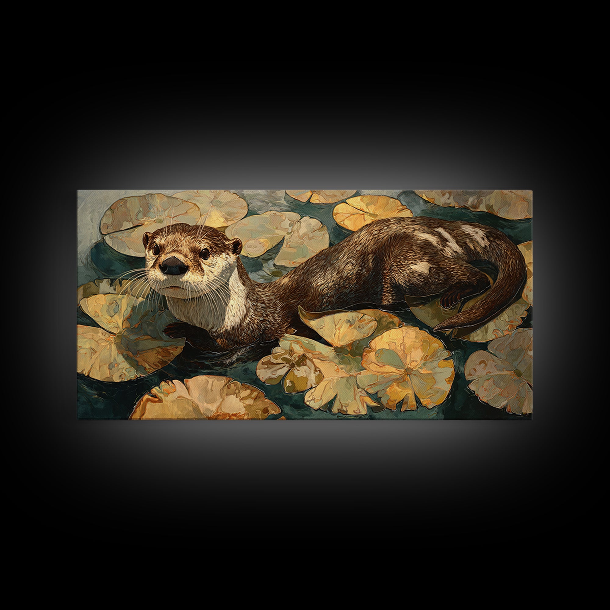 Playful Otter Floating Among Lily Pads Framed Canvas Print, Animal Art, Living Room Decor, Fine Art, Creature, Fine Art Print, ANI-2x1-100