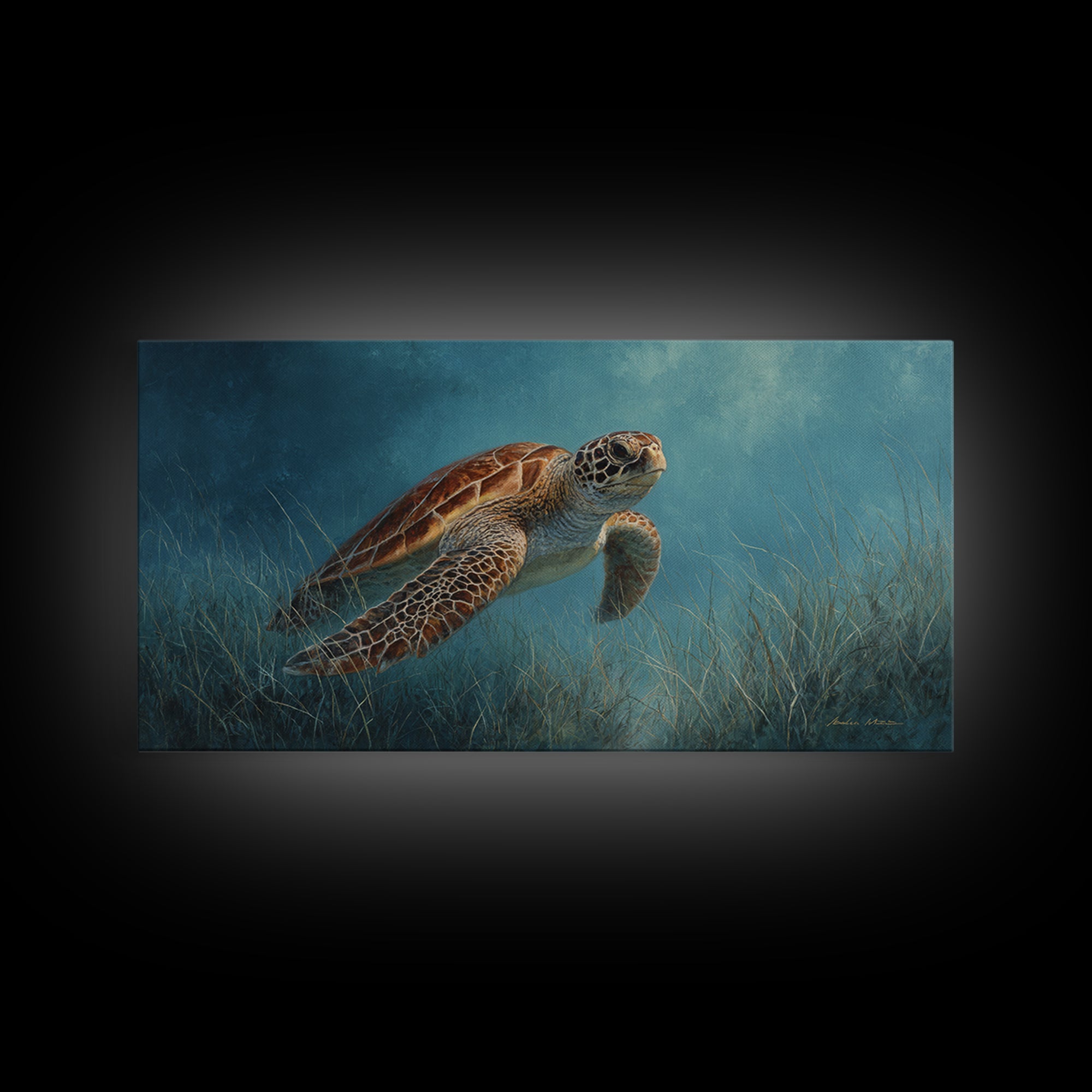 Sea Turtle Drifting Through Luminous Blue Water Canvas Print, Animal Art, Fine Art Print, Living Room Decor, Creature, ANI-2x1-14