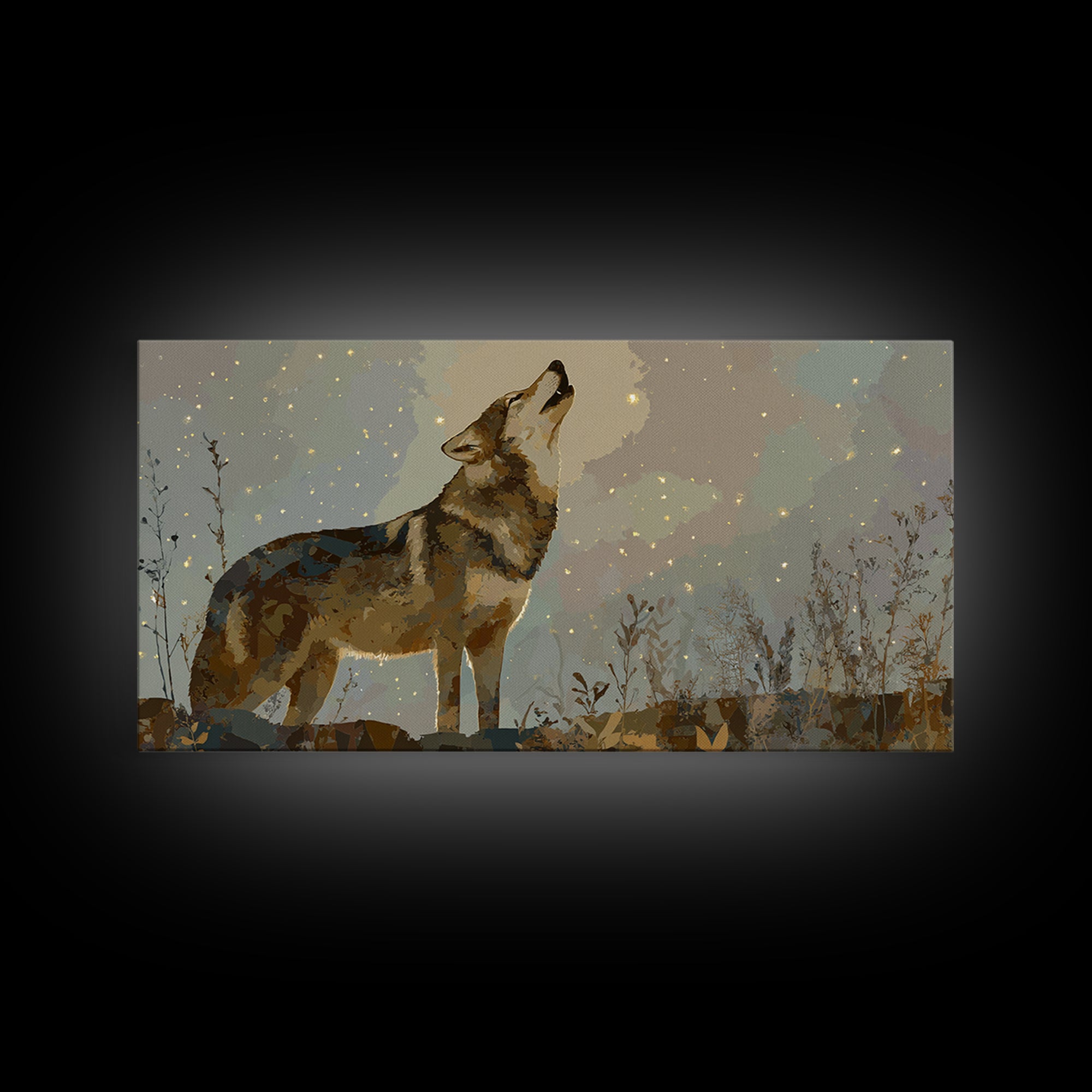 Wolf Silhouette Beneath a Star Filled Sky Framed Canvas Print, Animal Art, Statement Artwork, Living Room Decor, Creature, ANI-2x1-18