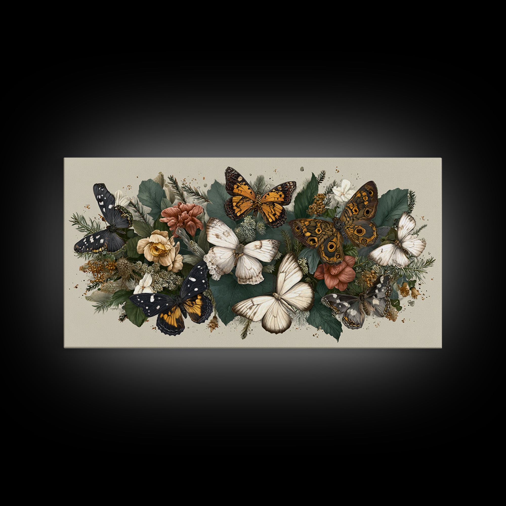 Butterfly Specimen Composition Framed Canvas Print, Animal Art, Cat Art, Living Room Decor, Fine Art, Creature, Art Print, ANI-2x1-19