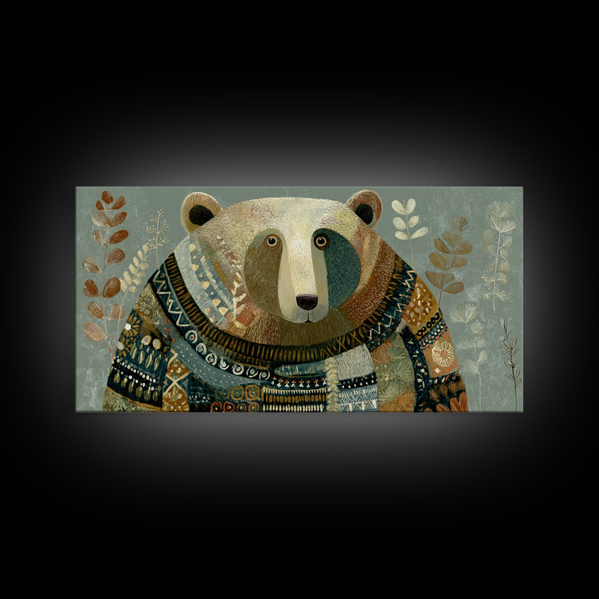 Whimsical Bear in a Patterned Sweater with Canvas Print, Animal Art, Boho Decor, Living Room Decor, Fine Art, Creature, ANI-2x1-22