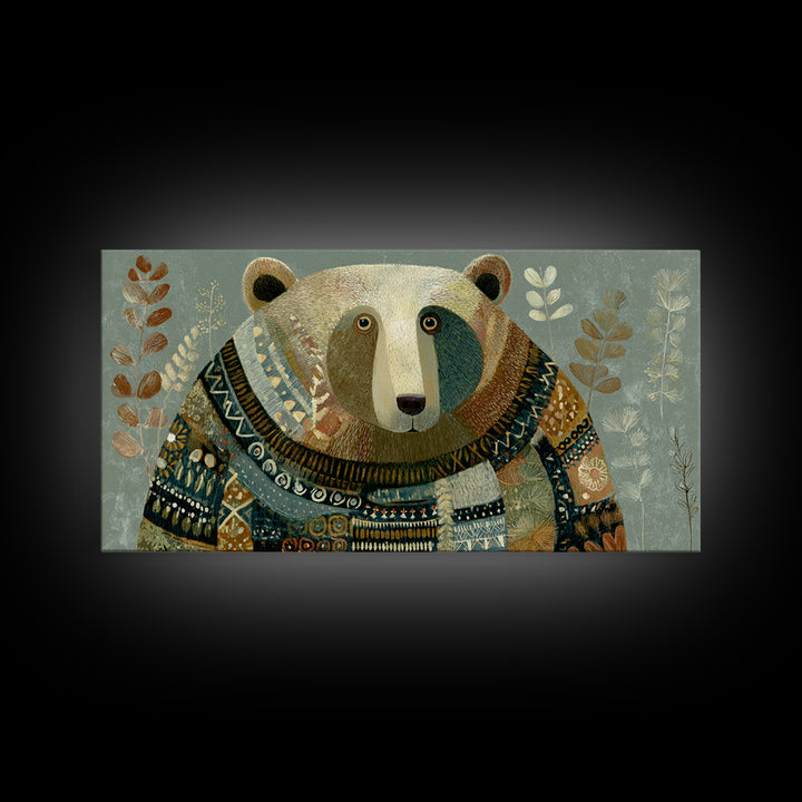 Whimsical Bear in a Patterned Sweater with Canvas Print, Animal Art, Boho Decor, Living Room Decor, Fine Art, Creature, ANI-2x1-22