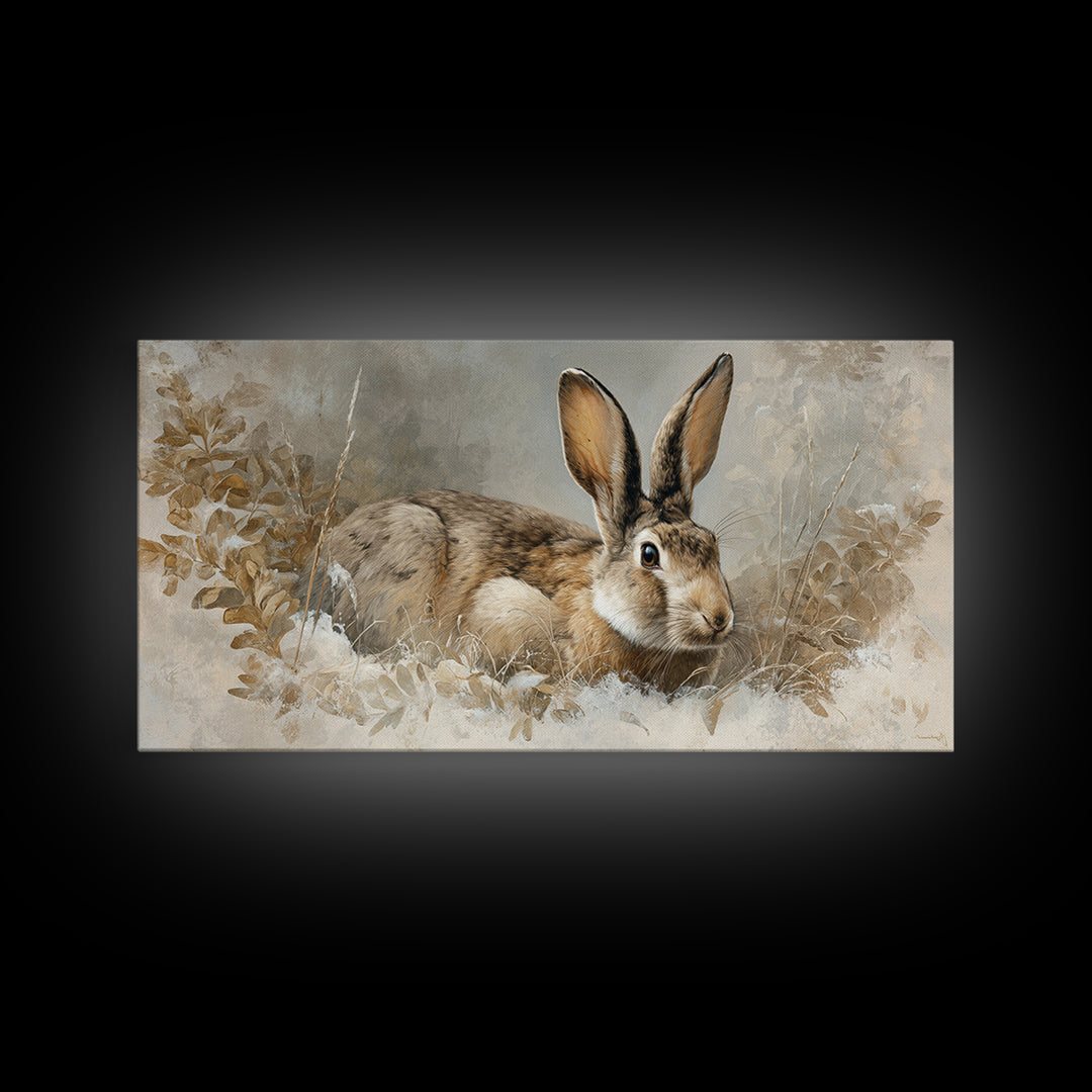 Curious Rabbit in a Soft Watercolor Meadow Framed Canvas Print, Animal Art, Living Room Decor, Oil Painting, Creature, ANI-2x1-25