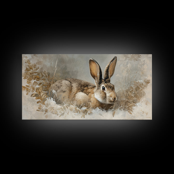 Curious Rabbit in a Soft Watercolor Meadow Framed Canvas Print, Animal Art, Living Room Decor, Oil Painting, Creature, ANI-2x1-25