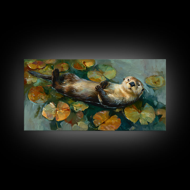 Playful Otter Floating Among Lily Pads Framed Canvas Print, Animal Art, Minimalist Decor, Living Room Decor, Fine Art, Creature, ANI-2x1-28