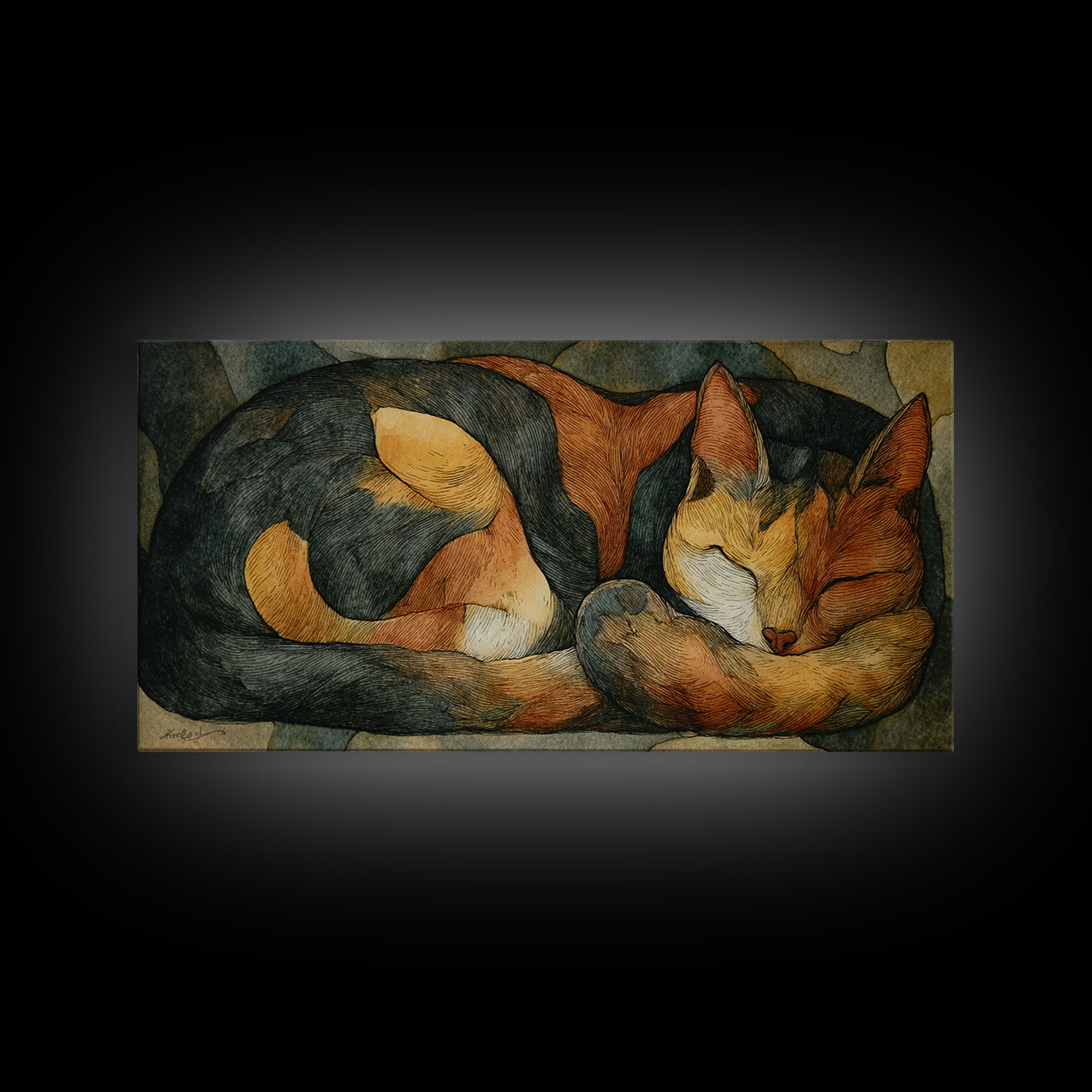 Sleeping Cat Curled Canvas Print, Animal Art, Contemporary Art, Living Room Decor, Oil Painting, Creature, Digital Wall Art, ANI-2x1-32