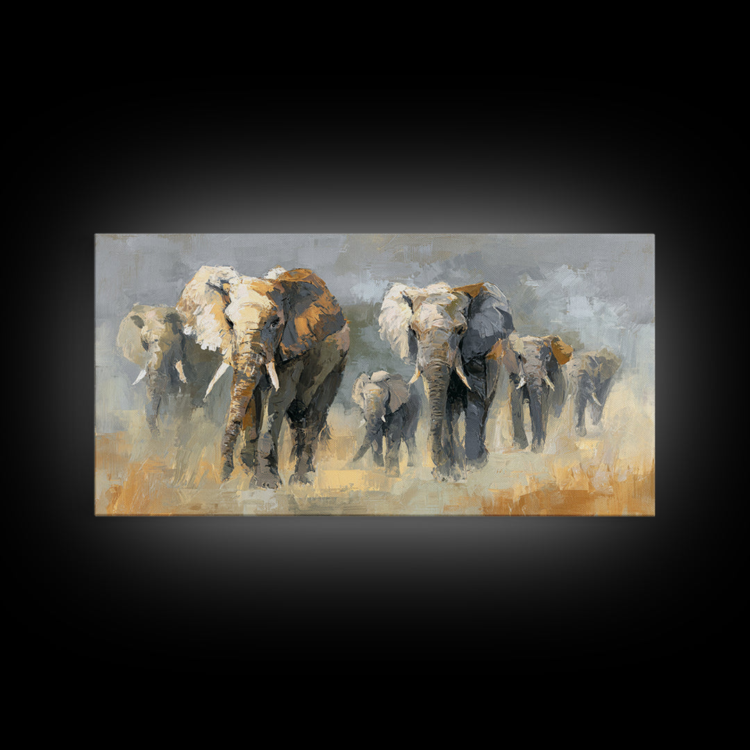 Elephant Family Walking Through Dusty Golden Light Framed Canvas Print, Animal Art, Art Print, Living Room Decor, Creature, ANI-2x1-34