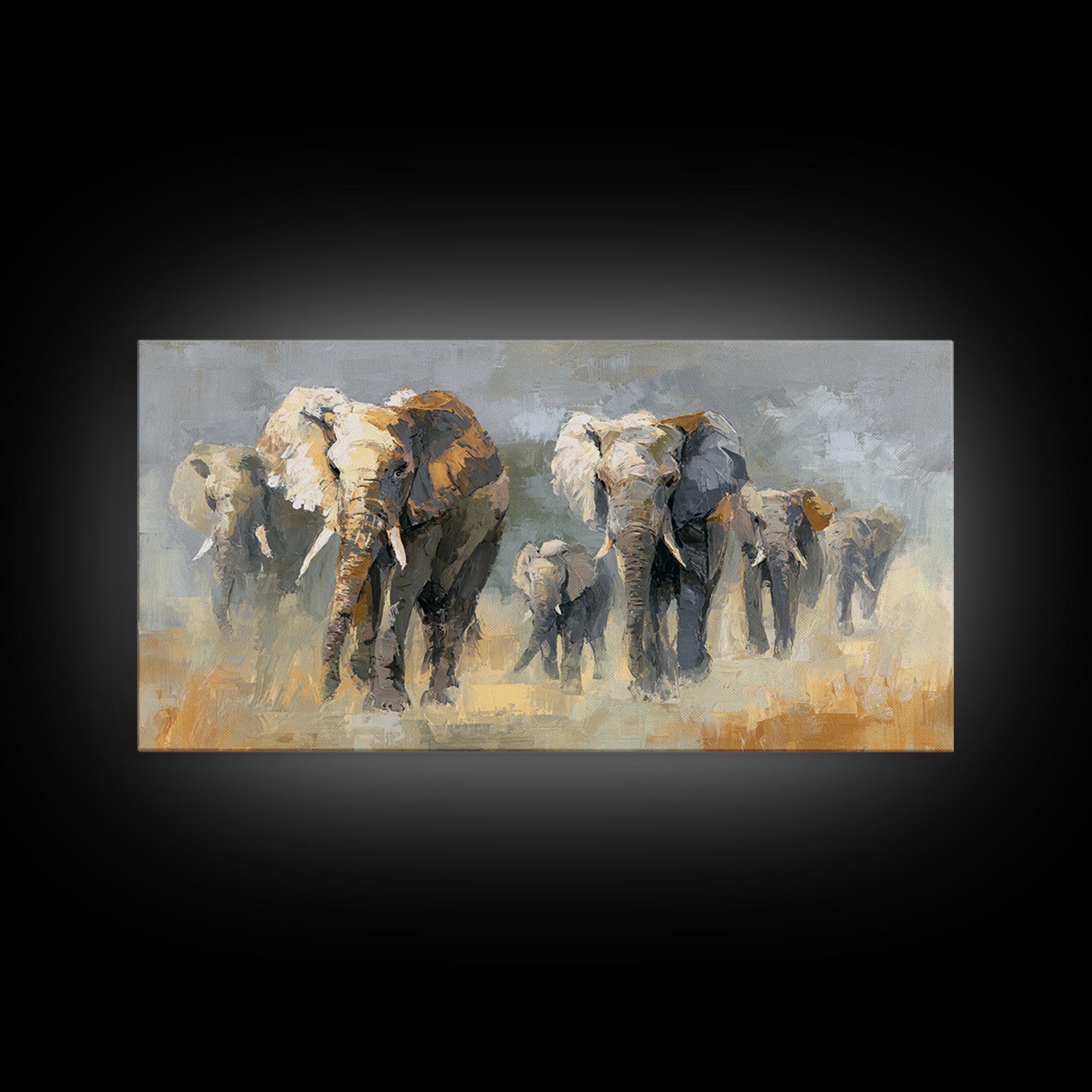 Elephant Family Walking Through Dusty Golden Light Framed Canvas Print, Animal Art, Art Print, Living Room Decor, Creature, ANI-2x1-34