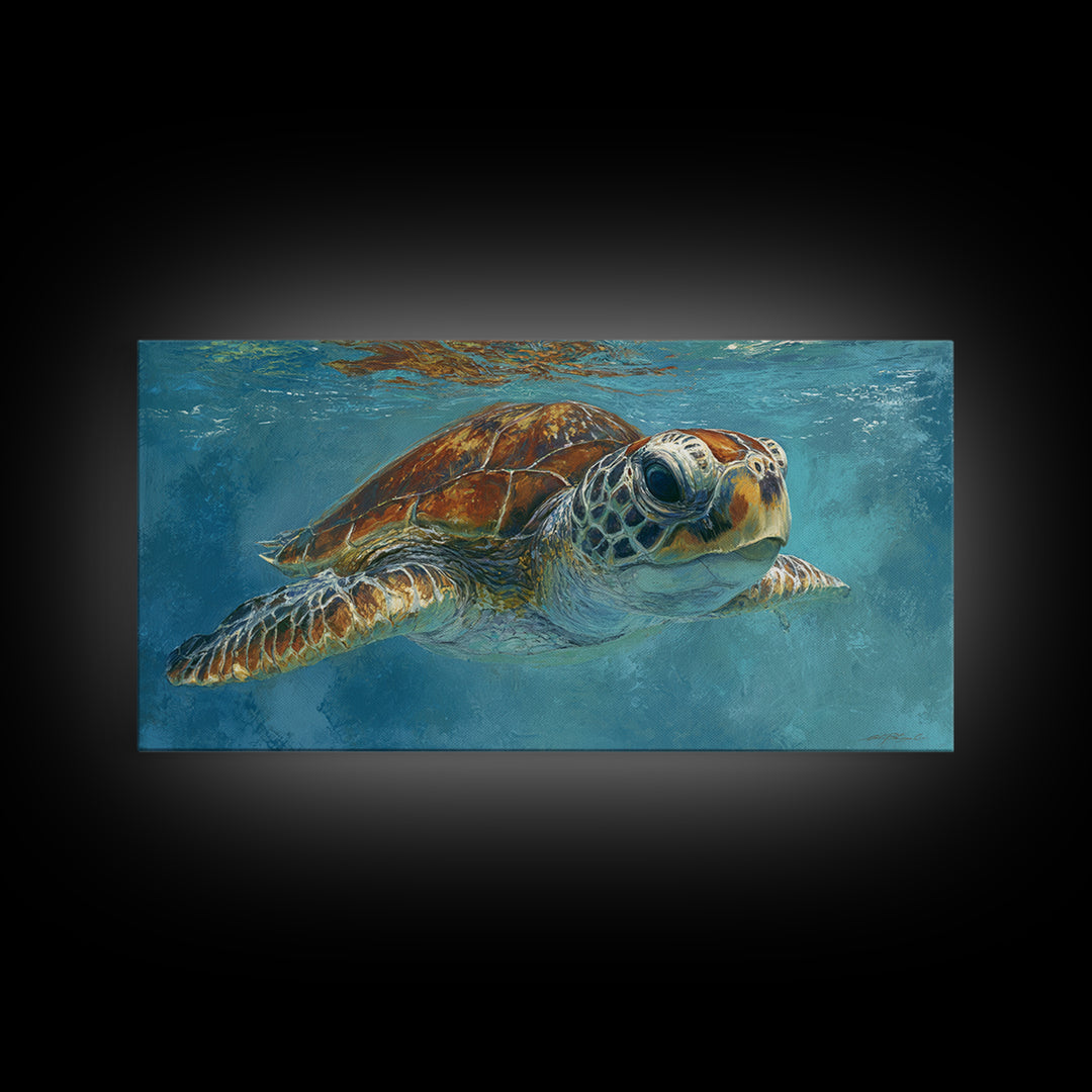 Sea Turtle Drifting Through Luminous Blue Water Canvas Print, Animal Art, Fine Art Print, Living Room Decor, Creature, ANI-2x1-38