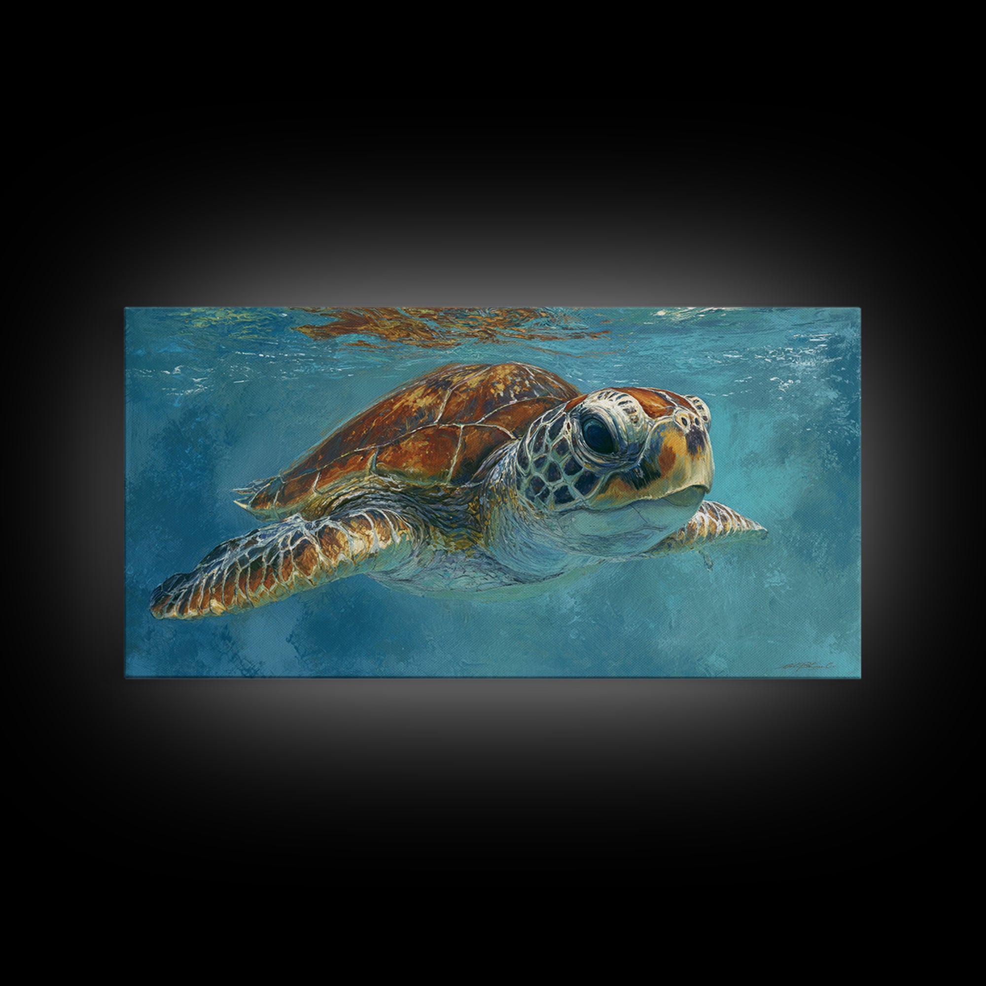Sea Turtle Drifting Through Luminous Blue Water Canvas Print, Animal Art, Fine Art Print, Living Room Decor, Creature, ANI-2x1-38