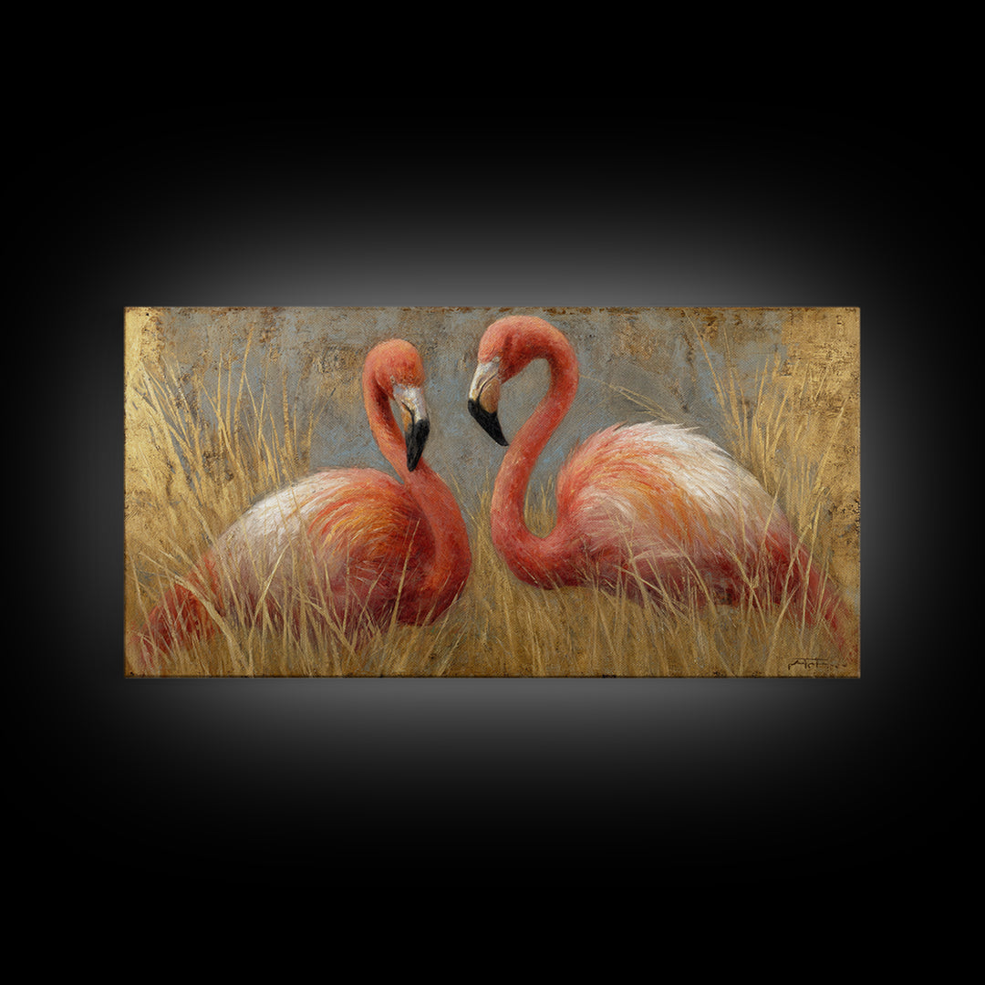 Flamingo Pair in Elegant Coral and Cream Canvas Print, Animal Art, Decor, Living Room Decor, Oil Painting, Creature, ANI-2x1-39