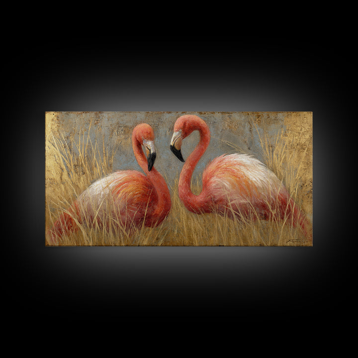 Flamingo Pair in Elegant Coral and Cream Canvas Print, Animal Art, Decor, Living Room Decor, Oil Painting, Creature, ANI-2x1-39
