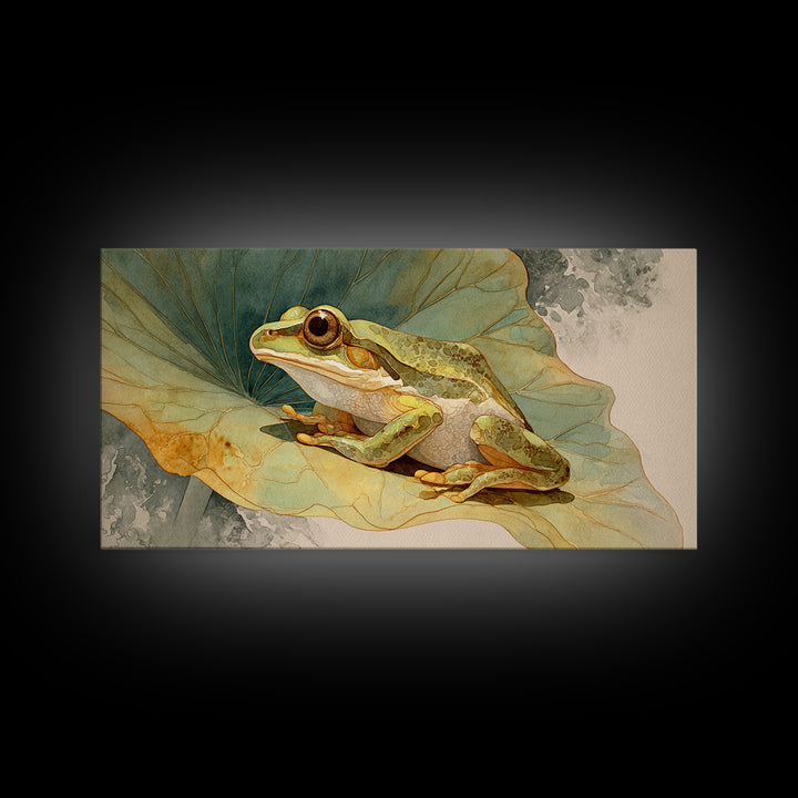 Frog on a Lotus Leaf Framed Canvas Print, Animal Art, Home Decor, Living Room Decor, Fine Art, Creature, Art Deco, Original Art, ANI-2x1-40