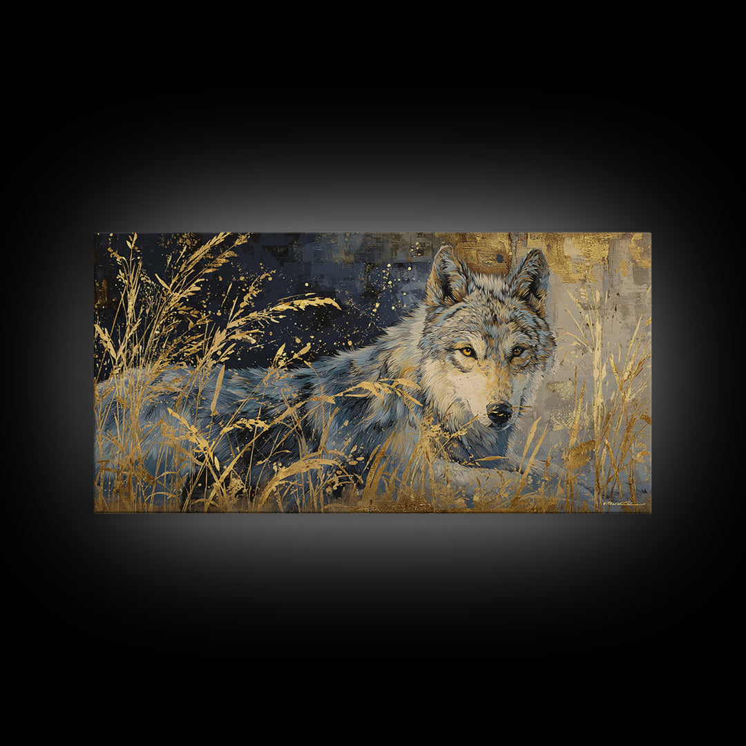 Wolf Silhouette Beneath a Star Filled Sky Framed Canvas Print, Animal Art, Statement Artwork, Living Room Decor, Creature, ANI-2x1-42