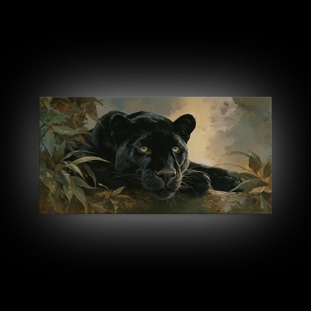 Dramatic Black Panther Emerging from Deep Jungle Canvas Print, Animal Art, Minimalist Decor, Living Room Decor, Creature, ANI-2x1-50