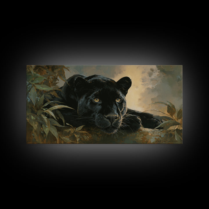 Dramatic Black Panther Emerging from Deep Jungle Canvas Print, Animal Art, Minimalist Decor, Living Room Decor, Creature, ANI-2x1-50