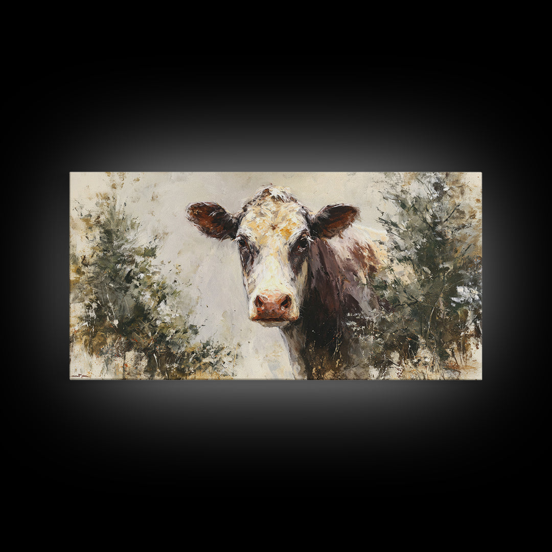 Gentle Cow Portrait Framed Canvas Print, Animal Art, Nursery Decor, Living Room Decor, Fine Art, Creature, Nursery Art, ANI-2x1-51