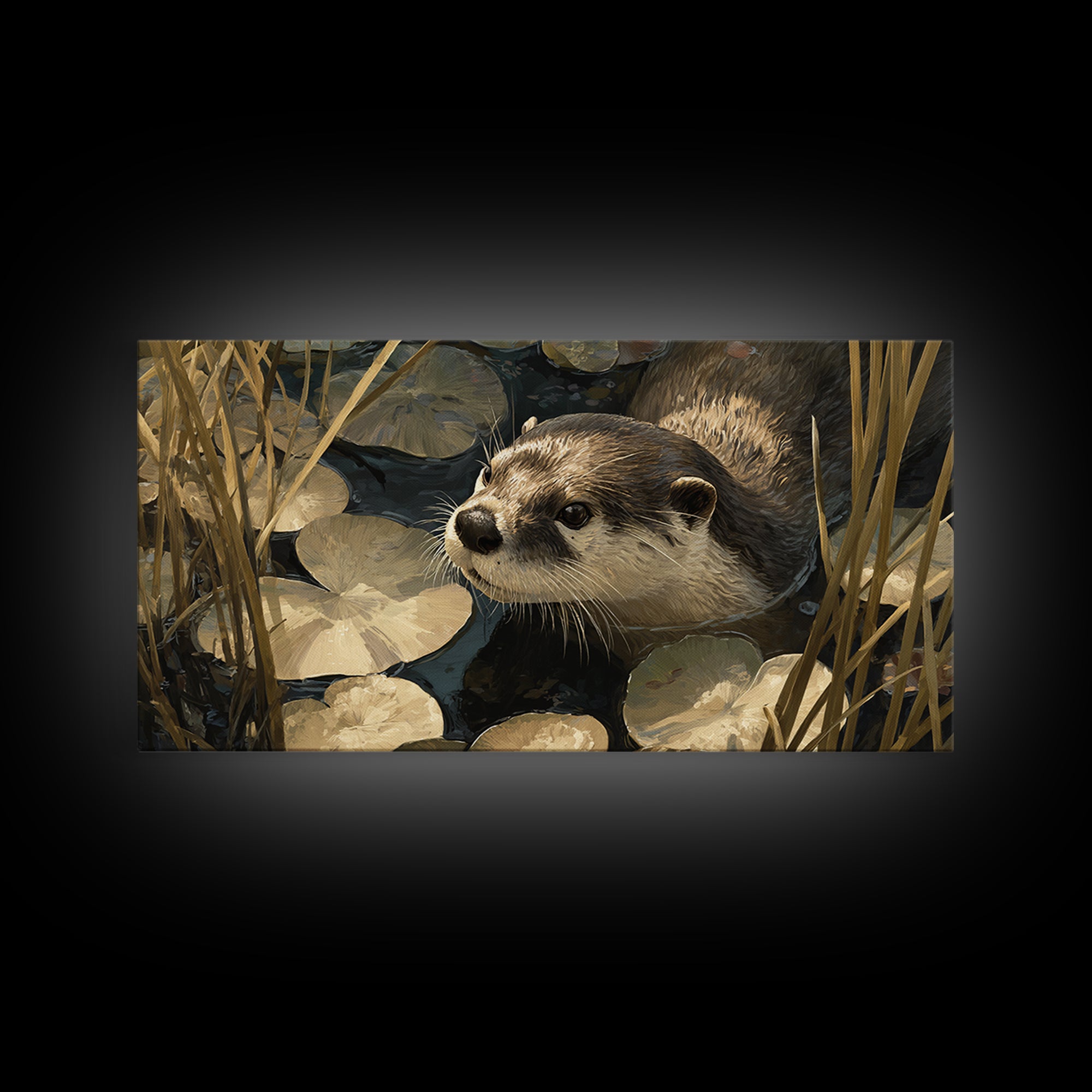 Playful Otter Floating Among Lily Pads Canvas Print, Animal Art, Decor, Living Room Decor, Fine Art, Creature, Digital Print, ANI-2x1-52