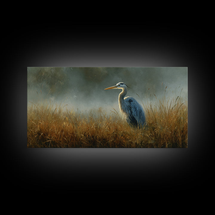 Blue Heron Standing Framed Canvas Print, Animal Art, Art Deco, Living Room Decor, Creature, Cat Art, Safari Nursery Decor, ANI-2x1-55